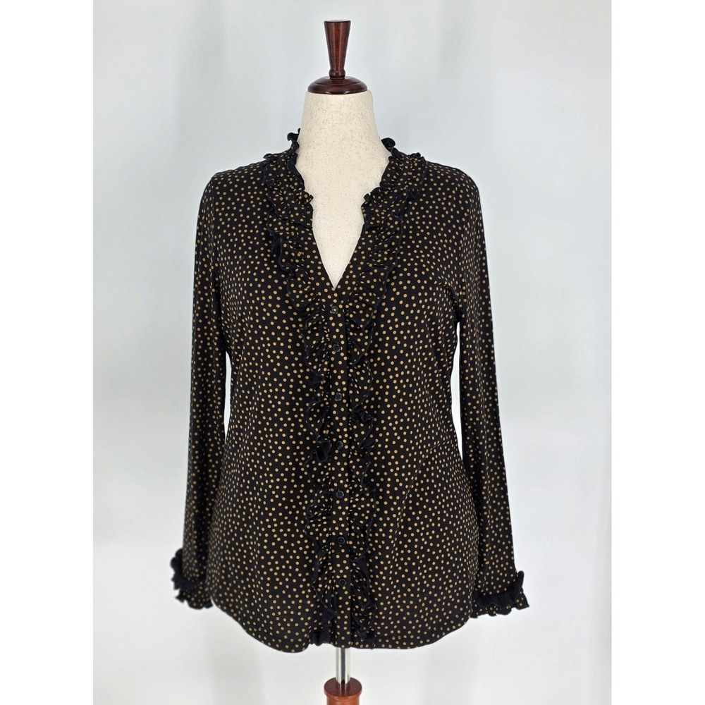 Boden Womens Black Tan Polka‎ Dot Ruffle V-Neck Button Front Blouse Size US 14